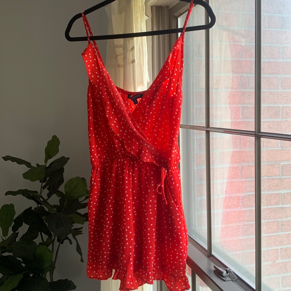 Red polka dot ruffle romper